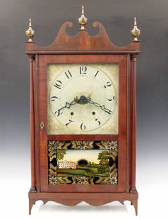 M Leavenworth Pillar & Scroll Shelf Clock: A 19th century Mark Leavenworth Pillar and Scroll shelf clock. 30-hr weight driven wooden time and strike movement and painted wooden dial with Arabic numerals. Mahogany case with scrolled crest and B