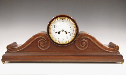 French Art Deco Mantel Clock: A 1930's Art Deco Period French mantel clock by Vincenti & Cie, Paris, retailed by H & H (Hamilton & Hamilton) Providence, RI. 8-day time and strike movement with a concave porcelain dial and Arabic n