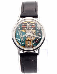 Vintage Bulova Spaceview Wristwatch: A vintage Bulova Accutron M4 "Spaceview" model gentleman's wristwatch. Skeletonized Quartz movement with sweep seconds, Spaceview crystal with round markers, rear set, serial #1-299306. 35 mm Stainles