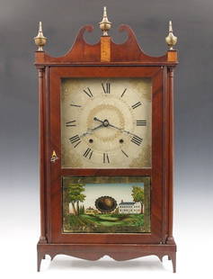 Ephraim Downs Pillar & Scroll Shelf Clock: A 19th century Ephraim Down(e)s Pillar and Scroll shelf clock. 30-hr weight driven wooden time and strike movement with painted wooden dial and Arabic numerals. Mahogany case with scrolled crest and B