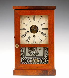 S B Terry Cottage Clock: A 19th century S. B. Terry Cottage clock. 30-hr Brass Ladder movement with painted wooden dial and Roman numerals. Mahogany case with flat top, single door with stenciled lower glass. Paper label 80%