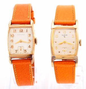 2 Vintage Men's Wristwatch: Two vintage gentleman's wristwatches. 19j Hamilton and a 19j Elgin, both manual wind. Both in GF cases with replaced leather bands. Some wear, both wind, set and running when cataloged. ESTIMATE $200-