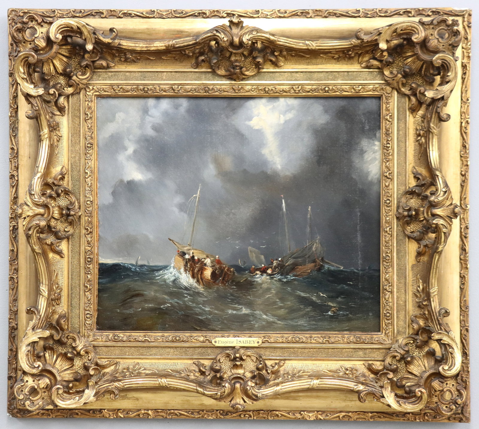 E. Isabey Stormy Seascape: Eugene Isabey, French, 1803-1886. A mid 19th century oil on canvas seascape. Depicts figures departing a sinking boat at sea amidst a storm. Signed "E. Isabey" lower left. Previous restorations, canva