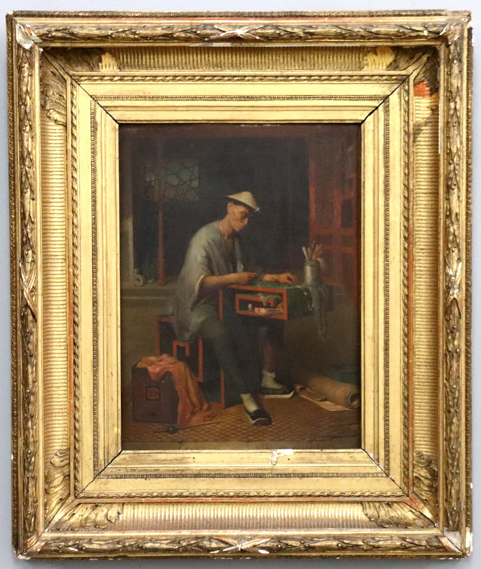 T. Delamarre Genre Scene: Theodore Didier Delamarre, French, 1824-1883. A mid 19th century oil on panel genre scene. Depicts a Chinese gentleman seated at a table counting gold coins. Signed "Theodore Delamarre" lower right. S
