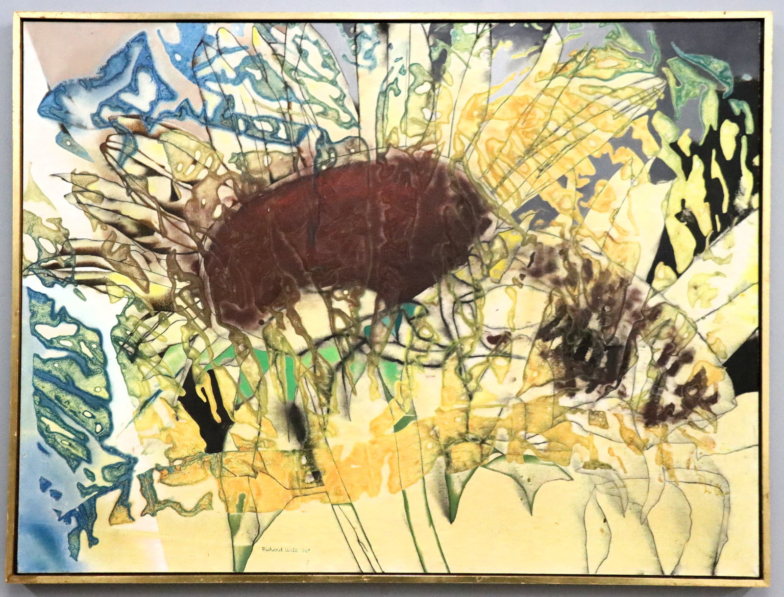 R. Wilt Sunflower Abstract: Richard Wilt, American (Ann Arbor), 1915-1981. A mid 20th century oil on canvas floral abstract, titled "Sunflowers Bring Bees". Signed "Richard Wilt" and dated "1967" lower center, annotated and titl