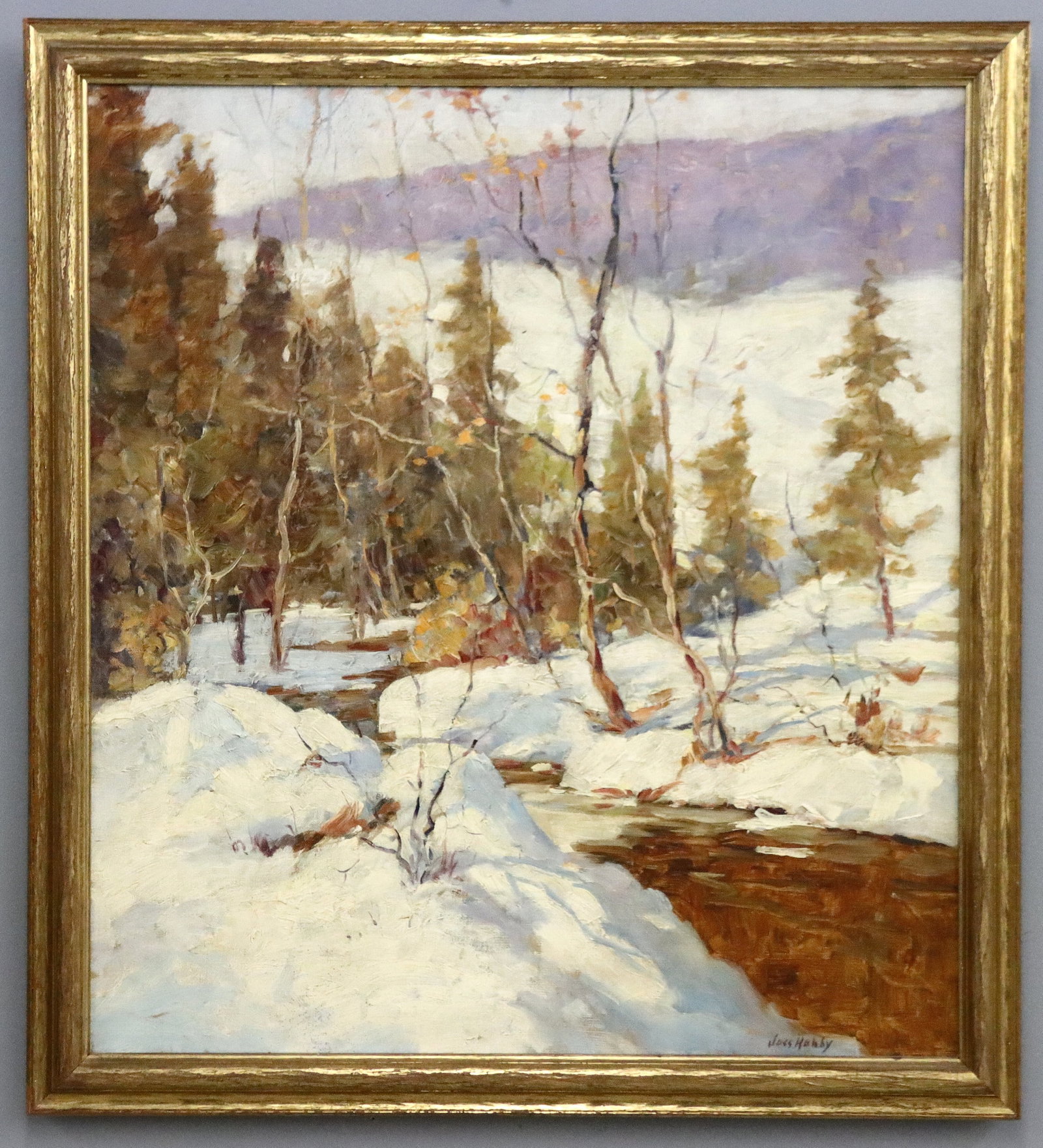 J. Hobby Winter Landscape: Jess Hobby, American, 1871-1938. An early 20th century oil on canvas winter landscape. Depicts a small stream running through a forest in the Impressionist manner. Signed "Jess Hobby" lower right, ret
