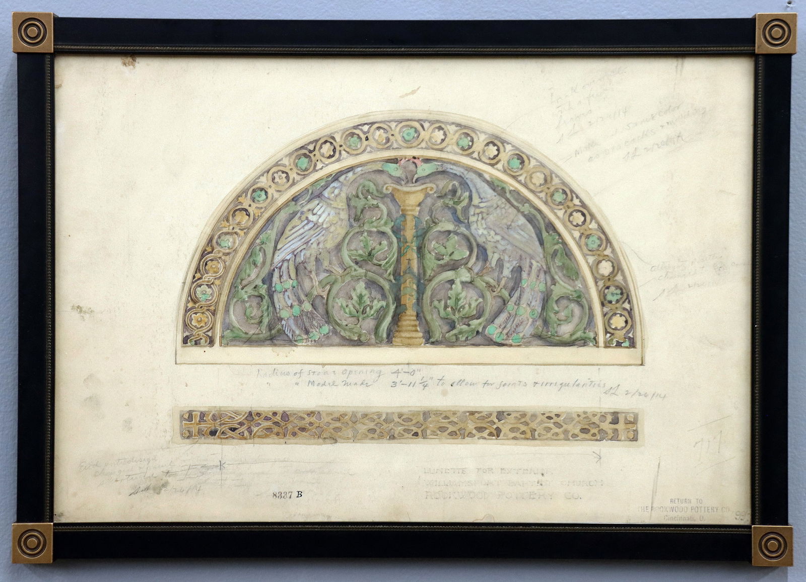 Rookwood Architectural Watercolor: A 1914 Rookwood Pottery original watercolor on paper architectural drawing for the lunette of the "Williamsport Baptist Church". Depicts two peacocks drinking from a bird bath with pencil annotations
