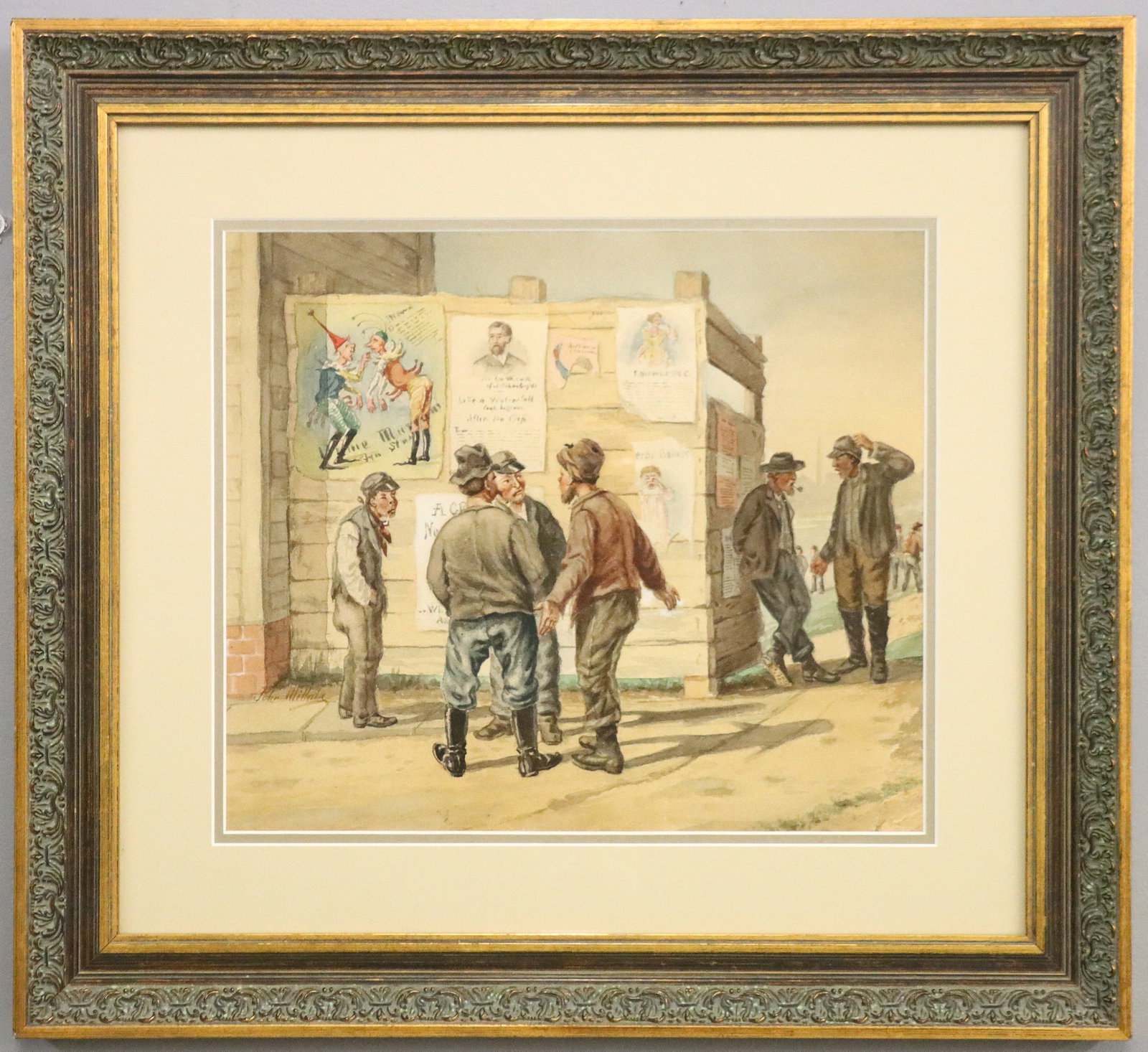 British Watercolor Genre Scene: A turn of the century British watercolor on paper genre scene. Depicts smoking men loitering around a town center with posted bulletins and advertisements. Illegible signature lower left, possibly "Jo