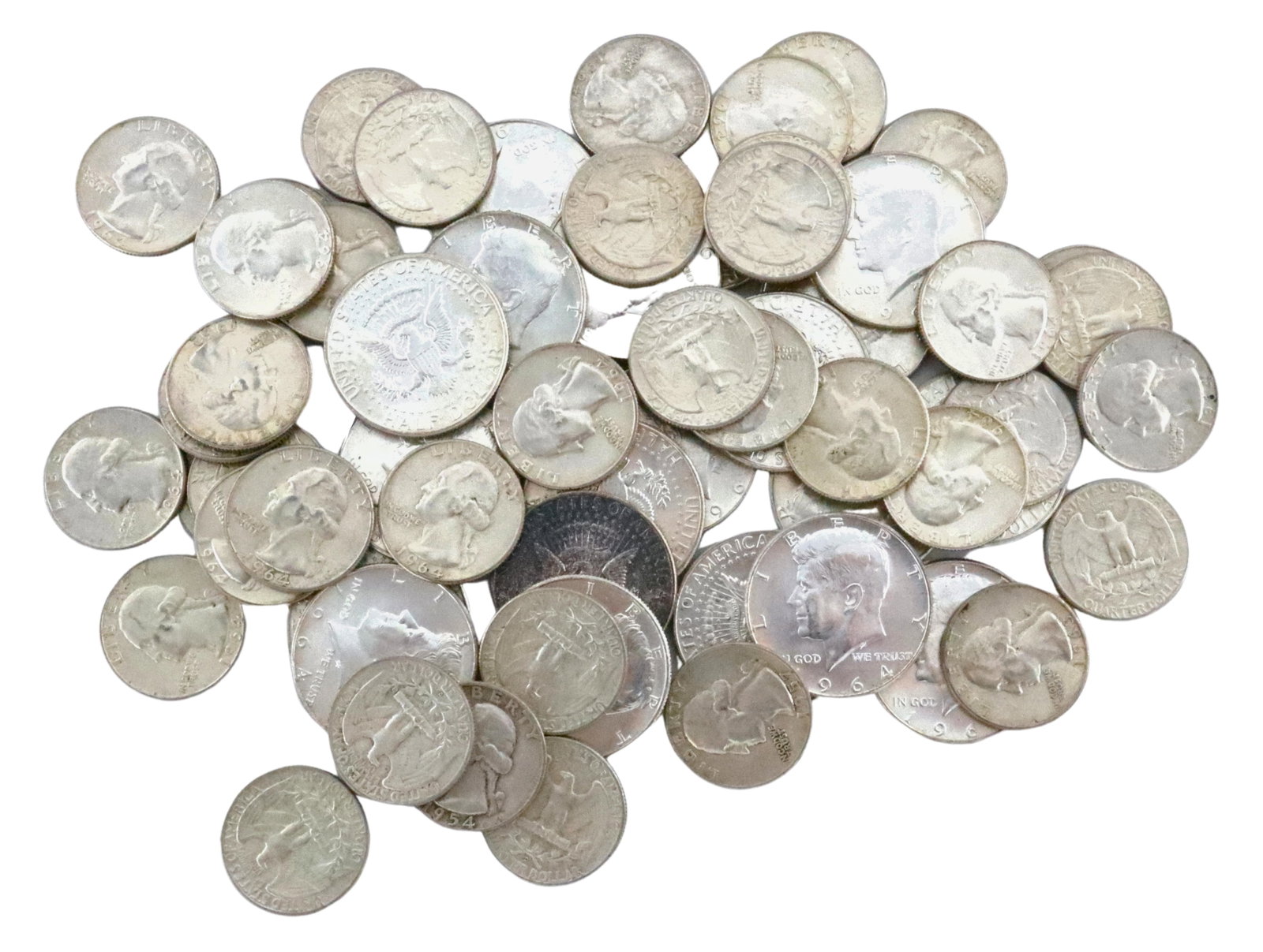 60 U.S. Silver Half Dollar Coins & Quarters: Sixty 1964 U.S. Silver Half Dollar Coins and Quarters. Includes twenty Kennedy Half Dollars and forty Washington Quarters. Ungraded, some with wear and toning. ESTIMATE $400-600