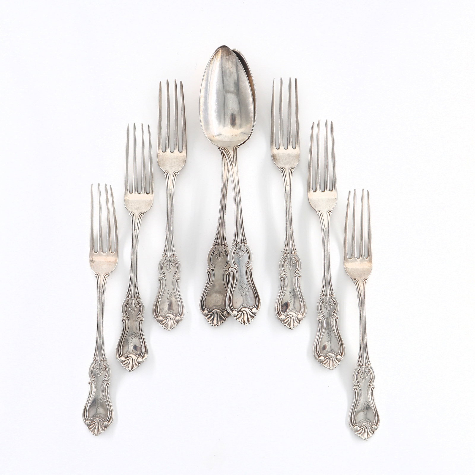 8 pc Welsh Coin Silver Flatware: Eight pieces of mid 19th century American Coin Silver flatware by George Welsh. Includes a set of six dinner forks and a pair of serving spoons. Each impressed either "Geo. Welsh", "Welsh & Payne" or 