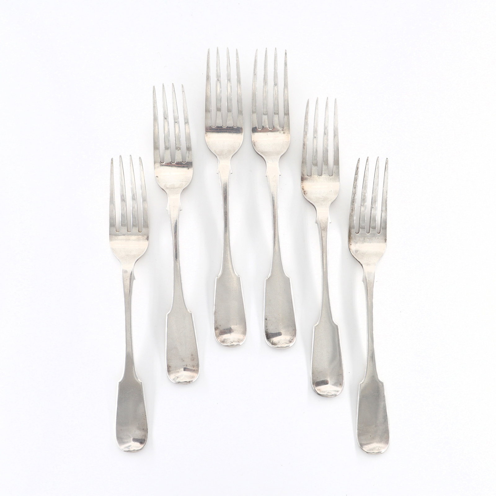 6 American Coin Silver Forks: Six 19th century American Coin Silver forks. Impressed "JW & S" with hallmarks. 15.82 troy ozs total. Some surface wear, monogrammed verso. 8 1/4" long. ESTIMATE $300-400