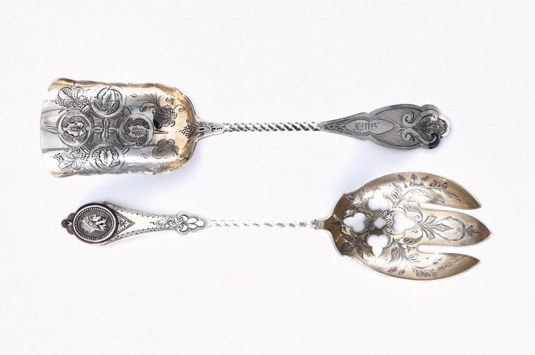 2 American Coin Silver Serving Utensils: Two 19th century American Coin Silver serving utensils with engraved decoration. Includes a Medallion pattern forked serving spoon and a serving scoop by Hotchkiss & Schreuder. Both with impressed mar