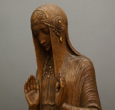 P M Landowski sculpture: Paul Maximilien Landowski, French, 1875-1961. An Art Deco Period carved wooden sculpture entitled "IMMACULATA" Depicts the Virgin Mary standing above a Crescent in a floor length robe decorated with c