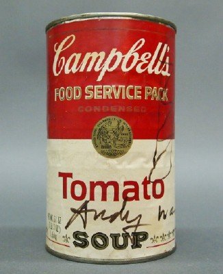 Andy Warhol Soup Can: Andy Warhol, American, 1931-1987. Autographed Campbell's Soup can, the Iconic Symbol of the American Pop Art Movement. Signed "Andy Warhol" with sketch in Black Magic Marker. Large 51 0z. "FOOD SERVIC