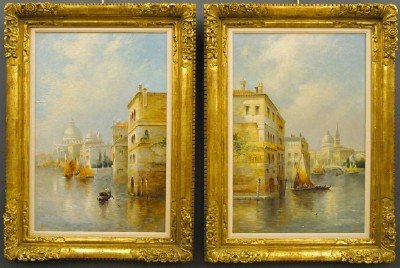 Pair of J Salt Venetian scenes: James Salt, British, 1850-1903. A pair of oil on canvas Venetian scenes with sailboats along the Grand Canal. Both signed "J Salt" along lower edge. Each image 19 1/2 x 29 1/2", in gilded wood frames