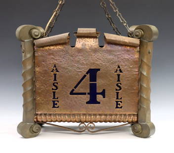 Arts & Crafts Theater Sign: An early 20th century American Arts & Crafts Period hanging theater sign. Hammered Copper body with scrolled detail, reads "Aisle 4" at front with Cobalt Blue glass insert, and "Exit" on the reverse w