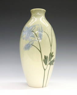 Rookwood Valentien Art Pottery Vase: A late 19th century Rookwood Art Pottery vase decorated by Albert Robert Valentien. Baluster form with multi-color floral decoration on a Light Green ground. Impressed Rookwood flame mark with "ARV" i