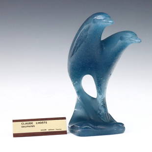 Daum Lhoste Patte de Verre Sculpture: A late 20th century Daum Pate de Verre sculpture designed by Claude Lhoste, titled "Dauphins". Depicts a pair of dolphins leaping from waves in tones of Blue. Cast "Lhoste" and "Daum France" at base,