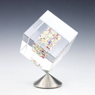 J. Kuhn Art Glass Sculpture: Jon Kuhn, American, b. 1949. A contemporary Art Glass sculpture, titled "Bright View". Clear spinning cube with internal multi-color mosaic on a conical brushed Chrome base. Signed "Jon Kuhn", dated "