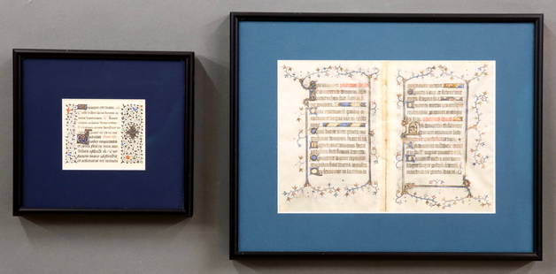 2 Illuminated Books of Hours Manuscripts: A 13/14th century Illuminated Manuscript bifolium and leaf on vellum from the "Book of Hours". Hand-written Latin text with polychrome tempera illuminations and Gilded detail. Single smaller leaf