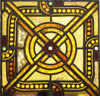 Gothic Revival Stained Glass Panel: A Gothic Revival Stained Glass panel. Multi-color stained and leaded glass panels in a geometric design with reverse painted details. A few cracked panels, wear to paint. 17 1/8 x 17 1/8" high overall