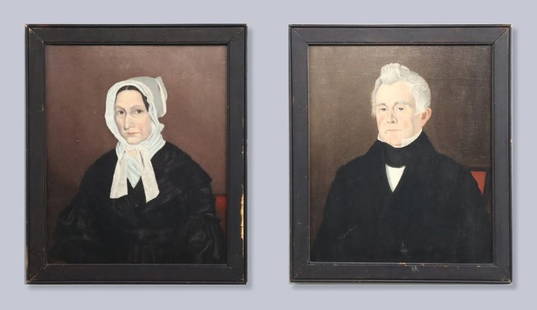 Pr American Portraits: A pair of early 19th century American oil on canvas portraits of Peter Mills and Joanna (Porter) Mills of Windsor Connecticut. Each depicted seated in Red chairs wearing Black attire. Unsigned, annota