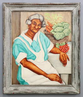 M. Upshur Folk Art Portrait: Martha Robinson Upshur, American (Virginia), 1885-1963. A 1940's oil on board Folk Art portrait. Depicts an older Black woman wearing an apron and seated at a kitchen table with a basket of vegetables