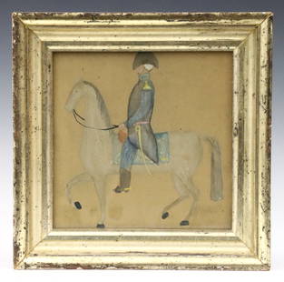 Pennsylvania Folk Art Painting of Washington: A 19th century Pennsylvania Folk Art painting of George Washington on horseback. Watercolor and ink on wove paper. Some toning and very slight foxing, some fading to paint, not examined out of frame.