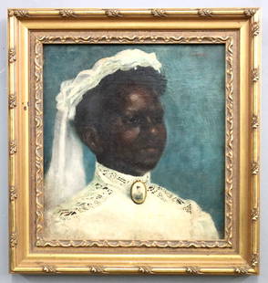 American Portrait of a Bride: A late 19th century American Victorian Period oil on canvas portrait of a young Black bride. Depicted bust length wearing a veil and portrait brooch at neck. Signed "Steinke" (n.d.) upper right. Canva