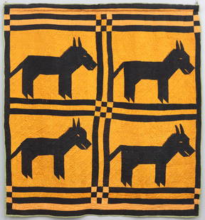 American Folk Art Quilt: An early 20th century American Folk Art quilt, possibly African American. Hand-stitched, pieced and quilted with Mule design in Orange and Black, with a plain Olive Green backing. Some wear, minor fad