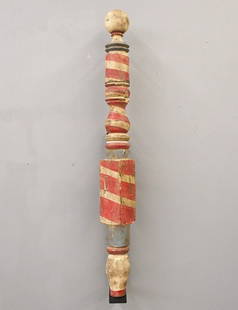 Make Do Barber Pole: A painted Barber pole fashioned from 19th century rope bed post. Worn painted finish in Red, White and Blue. Paint wear, modern wooden wall holder. 42" high overall. ESTIMATE $100-200 NOTE: From the C