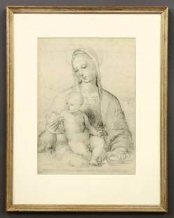 After Raphael Lithograph: An early 20th century lithograph on paper after Raphael's "The Madonna of the Pomegranate". Mounted with foxing, minor toning. Image 11 1/2 x 16" high, in a Gilt wood frame with slight wear, 18 3/4 x