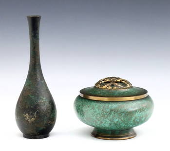 2 pc Nordic Bronze: Two early to mid 20th century Nordic Bronze pieces. Includes a Danish Art Deco covered bowl by Carl Sorensen and a Finish slender vase by SSKK with Green patinated finishes. Bowl with incised "Carl So