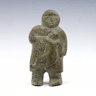 Inuit Carved Figure: A 20th century Inuit carved stone figure. Variegated Grey/Green stone depicting a mother and child. Unsigned. Minor wear. 4 3/4" high. ESTIMATE $100-150