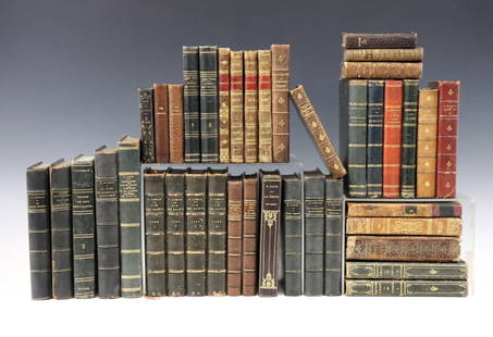 40 Antique & Vintage Books: Forty 19th and early 20th century books. Partial and full leather bindings, mostly French. Overall wear, some damage. Up to 9 1/2" high. ESTIMATE $100-200