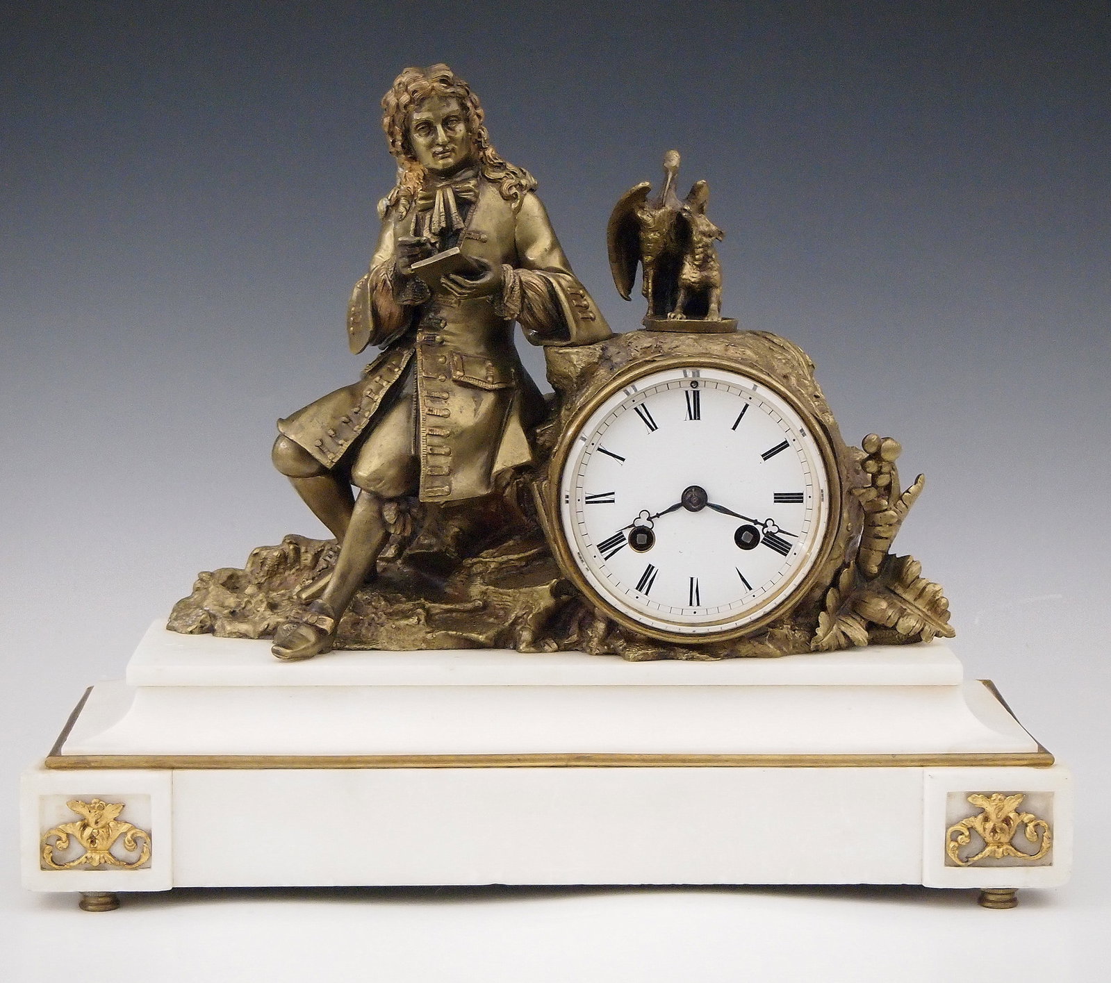 Vincenti & Cie French Mantel Clock: A 19th century French mantel clock by Vincenti & Cie, Paris. 8-day time and strike movement with porcelain dial and Roman numerals. Bronze figural case with Voltaire seated beside a Fox and Stork, on 