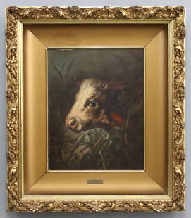 R. Bonheur Portrait of a Cow: Rosa Bonheur, French, 1822-1899. A mid 19th century oil on artist board portrait of a cow. Signed "Rosa Bonheur" lower right. Some surface grunge and flaking to paint at edges. Image 18 x 23" high, in