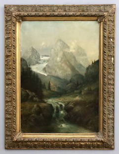 A. Calame Alpine Landscape: Alexandre Calame, Swiss, 1810-1864. A mid 19th century oil on canvas Alpine landscape. Depicts a figure and cottage at the bank of a river with the Alps in the distance. Signed "A. Calame ft" lower ce