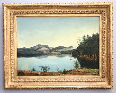 N.A. Moore View of Mount Greylock: Nelson Augustus Moore, American, 1824-1902. A late 19th century oil on canvas landscape, titled "A Distant View of Greylock". Depicts a small fishing boat on lake with Mount Greylock of