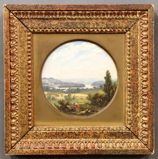 Landscape Attrib. to S.R. Gifford: A mid 19th century oil on cardstock landscape attributed to Sanford Robinson Gifford, American, 1823-1880. Depicts a figure among wildflowers with rolling hills and river in the distance, with a secon