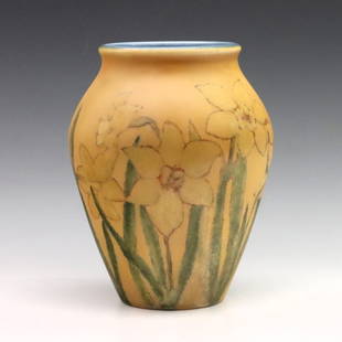 Rookwood Pullman Pottery Vase: An early 20th century Rookwood Art Pottery vase decorated by John Wesley Pullman. Baluster form with Daffodil decoration on a Golden Yellow ground. Impressed Rookwood mark, Roman numerals "XXX" (1930)