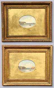 Pr J. Williamson Hudson River Landscapes: John Williamson, American, 1826-1885. A pair of miniature oil on cardstock Hudson River landscapes, titled "The Palisades" and "Yonkers". Each initialed "JW" lower left, annotated titles verso. 