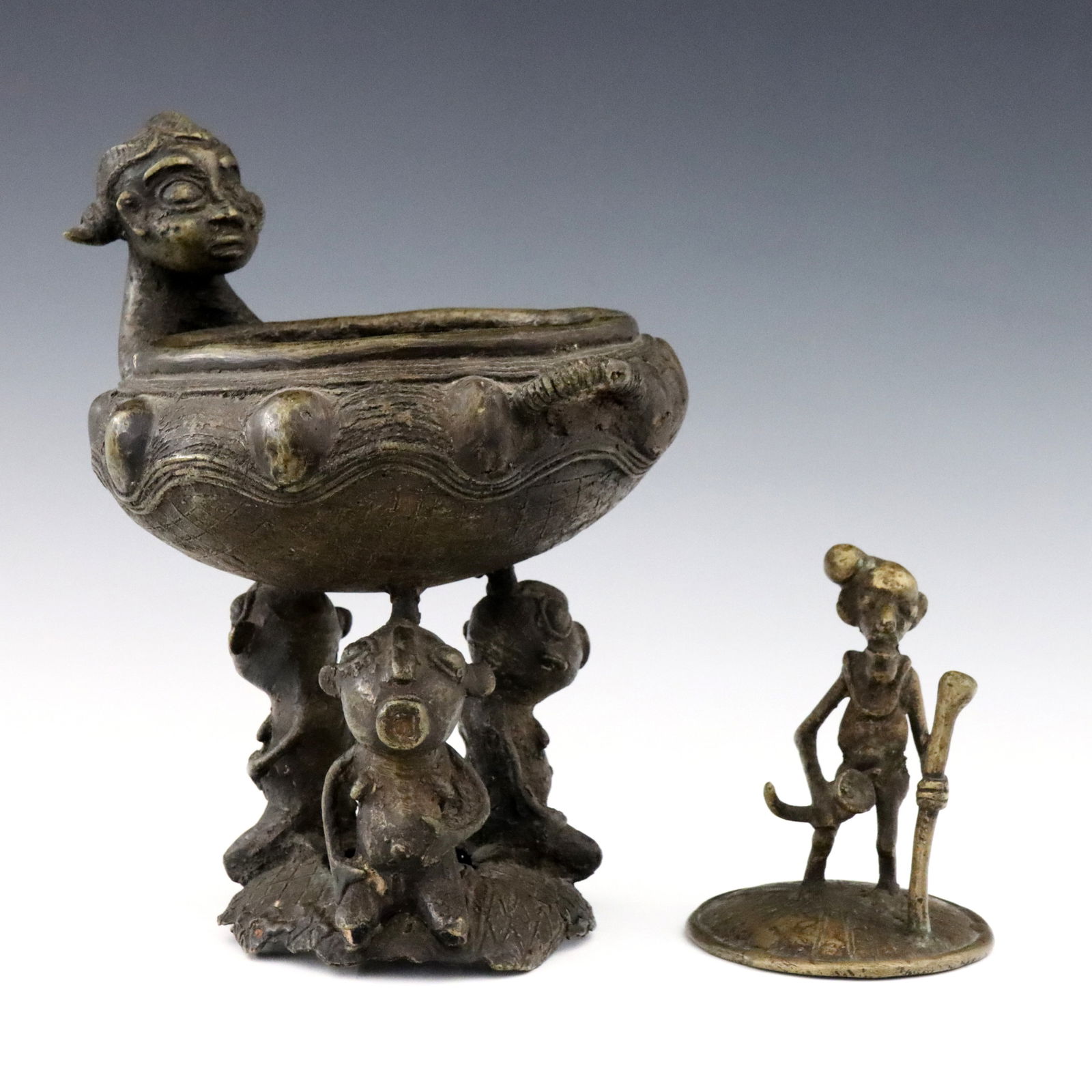 African Bronze Offering Bowl & Figure (1 of 2)