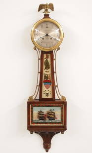 Chelsea Ship's Bell Banjo Clock: A mid 20th century Chelsea Ship's Bell banjo wall clock. 8-day spring driven time and strike movement with platform escapement and Silvered dial with Arabic numerals, marked "Chelsea Ship's Bell" on