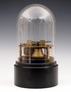 Duplex Escapement Model: An early 20th century model of an unusual duplex escapement. 1-day chain driven fusee movement with three turned posts, on a turned Bronze base with Ebonized finish and glass dome cover. Minor