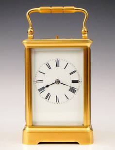 French Carriage Clock By Henri Jacot: A 19th century French carriage clock by Henri Jacot, Paris. 8-day time and strike movement strikes hours and halves with hour repeat on demand, platform escapement and porcelain dial with Roman