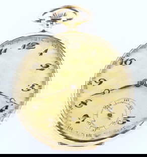 14k Gold Swiss Pocket Watch: A turn of the century 14k Gold Swiss pocket watch by Geula. 45mm, 7j, SW, PS, 3/4 plate movement, Fancy 14k Gold OF, Gold damascened SSD with Arabic numerals and Gold hands. 54.6 grams total