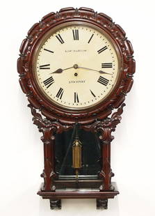 English Fusee Wall Clock: A mid 19th century English Victorian Period wall clock by "Sam'l Barlow, Stockport". 8-day time only fusee movement with painted iron dial and Roman numerals. Very nice carved Mahogany case with