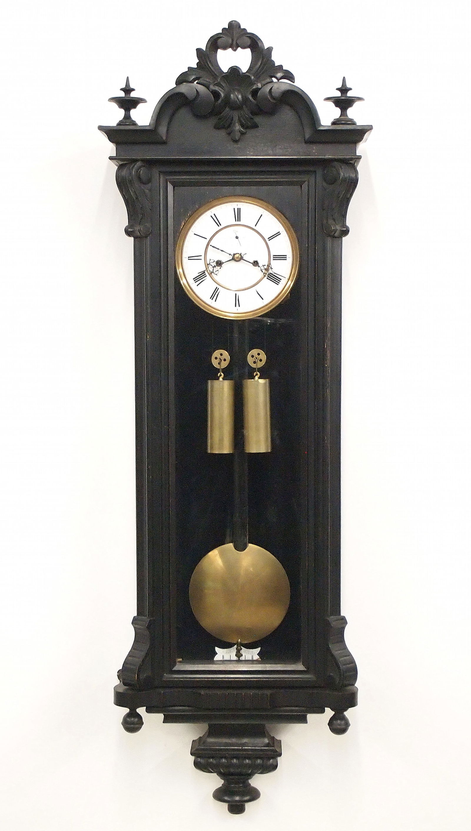 Lenzkirch 2 Weight Vienna Regulator: A 19th century Lenzkirch two weight Vienna Regulator wall clock. 8-day weight driven time and strike movement with a two-part porcelain dial, Roman numerals and subsidiary seconds, within a molded Bra