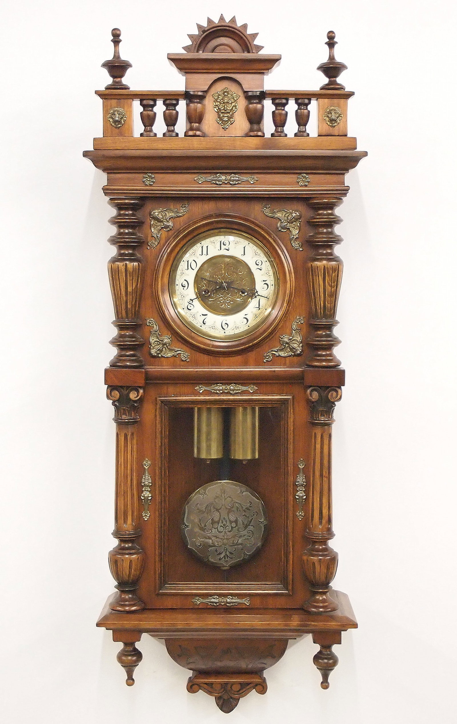 Gustav Becker 2 Weight Vienna Regulator: A 19th century Gustav Becker two weight Vienna Regulator wall clock. 8-day weight driven time and strike movement with engraved Brass dial center, porcelain chapter ring and Arabic numerals, within a